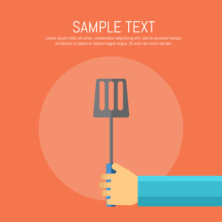 Vector illustration BBQ poster. Hand with spatula on red background. Food flayer. Summer weekend picnic, backyard party banner in flat style with space for text.のイラスト素材