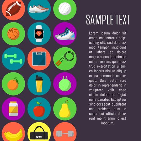 Sports and a healthy lifestyle banner, vector illustration in flat style. Different athletic equipments and nutrition supplements round icons in rows on purple background. Space for your textのイラスト素材