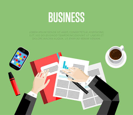 Business template. Top view office workspace, vector illustration. Overhead view of businessman working with financial documents on green background. Office workplace banner with space for textのイラスト素材
