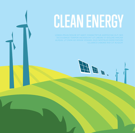 Clean energy vector illustration. Wind turbines in green field on background of blue wavy sky. Windfarm poster. Ecological types of electricity. Eco generation. Renewable resources concept.のイラスト素材