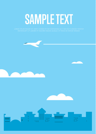 Background template with flying white airplane in blue sky over city. City skyline vector illustration with space for text. Urban landscape. Blue city silhouette. Cityscape in flat style.のイラスト素材