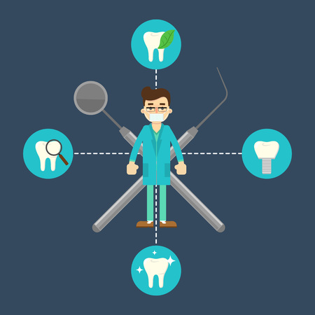 Male dentist in blue medical uniform standing on blue background with crosswise instruments and round teeth icons. Dentist office flyer. Dental treatment and hygiene. Medical professional equipmentのイラスト素材