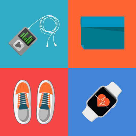 Vector illustration of gym sports equipment icons set. Fitness tracker bracelet, sports shoes, portable musical player with headphones and sports mat on color background. Athletic equipment.のイラスト素材
