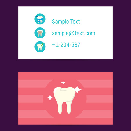 Professional business card template for dentists with tooth symbol on pink background, vector illustration. Dental office or clinic business card. Dental care conceptのイラスト素材
