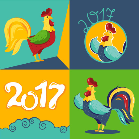 Set of rooster symbol of 2017 Chinese New Year calendar. Cartoon characters of cock or rooster. Vector illustration.のイラスト素材