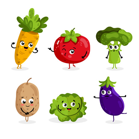 Cartoon funny vegetable characters isolated on white background vector illustration. Funny vegetable face icon.のイラスト素材