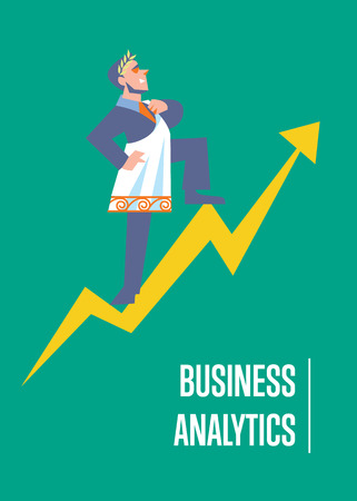 Business analytics banner with businessman in roman toga and laurel wreath standing on arrow graph, isolated vector illustration on green background. Business growth. Big boss concept. Famous personのイラスト素材