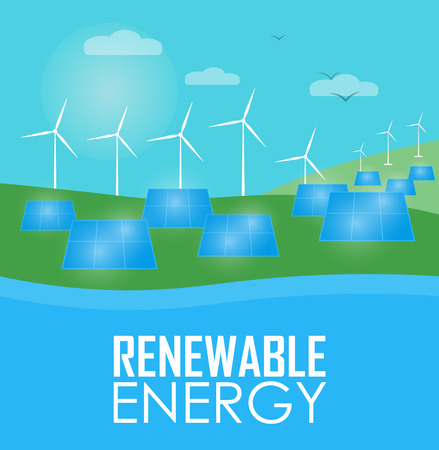 Renewable energy vector illustration. Wind generator turbines and solar panels on river bank. Windmills for electric power production. Modern alternative energy generation. Ecological electricityのイラスト素材