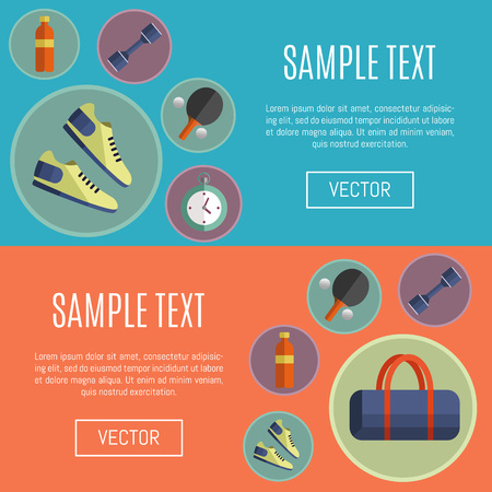Fitness and healthy lifestyle horizontal banners with space for text, vector illustration set in flat style. Sports equipments round icons on color background. Workout and gymnastics. Website templateのイラスト素材