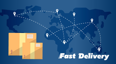 Closed cardboard boxes on background of world map with routes. Fast delivery banner, vector illustration. Worldwide shipping and moving service. International postage concept. Global logisticsのイラスト素材