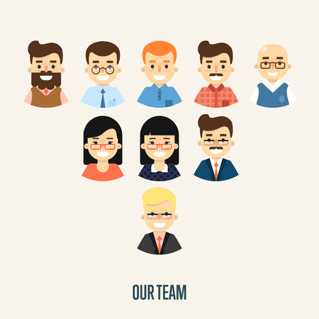 Group of smiling male and female faces avatars on white background. Our team banner, vector illustration. Teamwork and business team concept. Concept of the coworking center. Corporate hierarchy.のイラスト素材