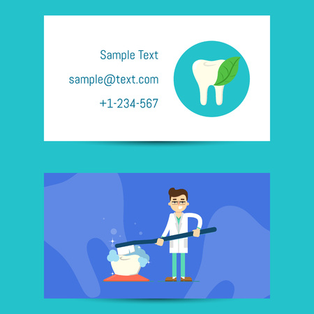 Professional business card template for dentists with cartoon man in medical uniform brushing big tooth, vector illustration. Dental office visiting card. Design for dental clinic.のイラスト素材