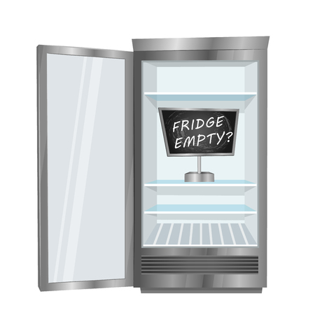 Empty fridge. Commercial freezer with opened door, empty shelves and board with text inside vector illustration isolated on white background. Deficiency of cold drinks in hot weather. Food shortageのイラスト素材