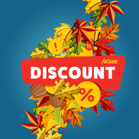 Autumn seasonal sale design template, vector illustration. Autumn discount banner with colorful leaves on blue background. Advertisement about autumnal discount. Business event concept.のイラスト素材