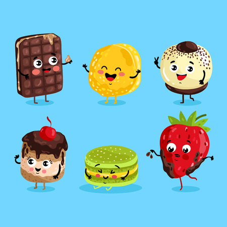 Cartoon funny foods characters isolated vector illustration. Funny sweet dessert face icon. Dessert emoji. Funny wafer, laughing cupcake and happy cookies. Cartoon emoticon face of dessert.のイラスト素材