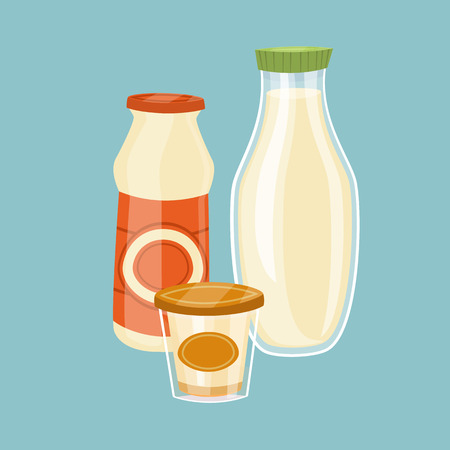 Assortment of dairy products isolated on blue background, vector illustration. Nutritious and healthy milk products. Natural and healthy food. Organic farmers products. Dairy icon.のイラスト素材