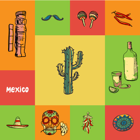 Mexico checkered concept in national colors. Cactus, tequila, chilli pepper, maracas, mustache, monument, sombrero, skull, ornament hand drawn vector icons. Country related doodle symbols and textのイラスト素材