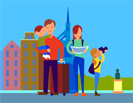 Traveling with family in foreign country. Father with suitcase holding son on hand, mother watching in map, daughter making photos. Couple with children on vacation in Europe. For travel company adのイラスト素材
