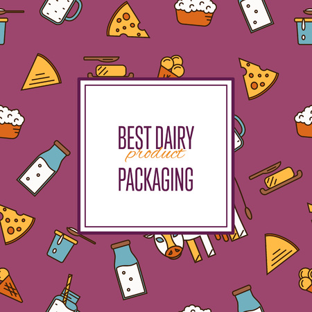 Best dairy product seamless pattern for packaging with different dairy icons in line style design, vector illustration. Organic farming background. Traditional and healthy milk products. Natural foodのイラスト素材