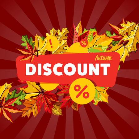 Autumn seasonal sale design template, vector illustration. Autumn discount banner with colorful leaves on striped red background. Advertisement about autumnal discount. Incredible sale propositionのイラスト素材