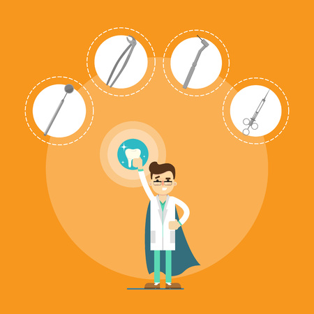 Male cartoon dentist in medical uniform and superhero blue cape holding big tooth on orange background with instrument icons, vector illustration. Dental office banner. Oral hygiene, tooth healthのイラスト素材