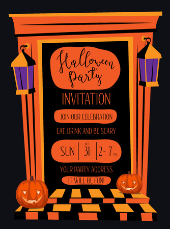 Halloween night party invitation with haunted house orange doorway and pumpkin head jack lanterns, cartoon vector illustration on black background. Halloween design template with space for text.のイラスト素材