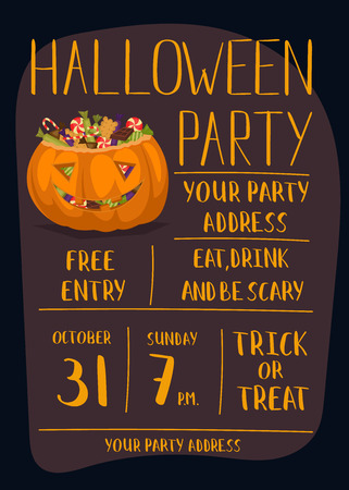 Vintage Halloween party invitation with smiling pumpkin head jack full of sweet candies, cartoon vector illustration on brown background. Trick or treat concept. Happy Halloween design templateのイラスト素材