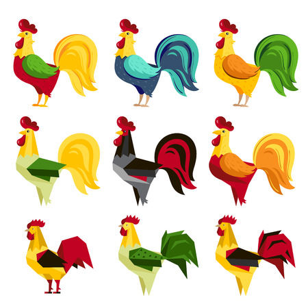 Set of rooster symbol of 2017 Chinese New Year calendar isolated on white background. Cartoon characters of cock or rooster. Vector illustration.のイラスト素材