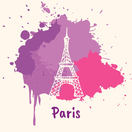 Bright impressions in Paris. Eiffel tower doodle sketched white on pink and violet paint spot with splashes vector illustration. Journey in Europe. Emotive travel concept with architectural attractionのイラスト素材