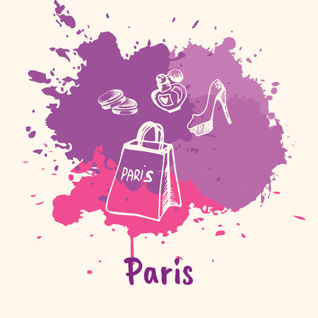 Bright impressions in Paris. Shopping bag, shoes, perfume doodles sketched white on pink and violet paint spot with splashes vector. Travel in Europe. Emotive touristic concept with woman's stuffのイラスト素材