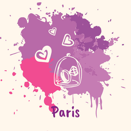 Bright impressions in Paris. Wedding ring and hearts doodle sketched white on violet and pink paint spot with splashes vector illustration. Journey in Europe. Emotive travel concept with romantic giftのイラスト素材