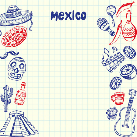Mexico national symbols. Mexican cultural, culinary, nature, historical related doodles drawn on sides of squared paper sheet with copy space vector illustration. Sketched with pen latin theme iconsのイラスト素材