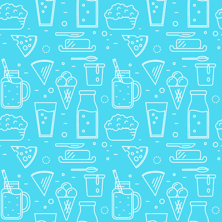 Dairy product seamless pattern for packaging with different dairy icons in line style design on blue background, vector illustration. Organic farming. Nutritious and healthy milk products.のイラスト素材