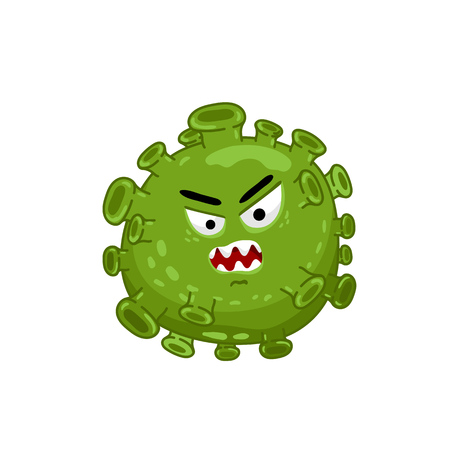 Cartoon virus character isolated vector illustration on white background. Cute fly germ virus infection vector character. Funny micro bacteria character. Microbe, Pathogen.のイラスト素材
