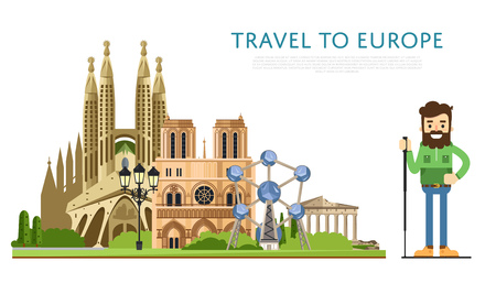 Travel to Europ banner with smiling tourist on background of famous traditional and modern architecture attractions. Hiking, travel lifestyle concept with historic architectur. European landmarks.のイラスト素材