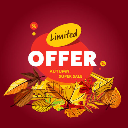 Autumn sale design template, vector illustration. Limited offer, autumn super sale banner with colorful leaves on red background. Advertisement about autumnal discount. Backdrop with orange foliageのイラスト素材