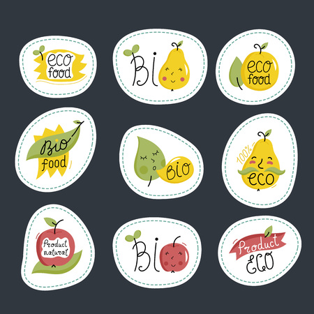 Eco and bio food labels set isolated on black background. Natural products round stickers with fruit characters for organic foods shop, vegan cafe, restaurant, eco bar. Healthy eating concept.のイラスト素材