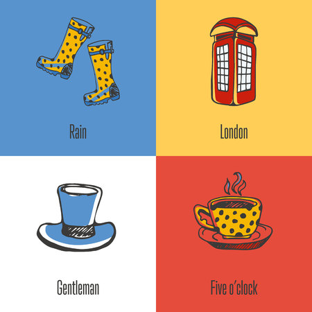 British national, cultural, architectural, nature symbols. Phone box, cup of tea, cylinder hat, gumboots doodle vector icons with caption on colored backgrounds. Country concept for travel company adのイラスト素材