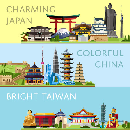 Worldwide travel horizontal flyers with famous architectural attractions. Charming Japan. Colorful China. Bright Taiwan. Discover world concept. Historical cityscape. Modern and ancient architectureのイラスト素材