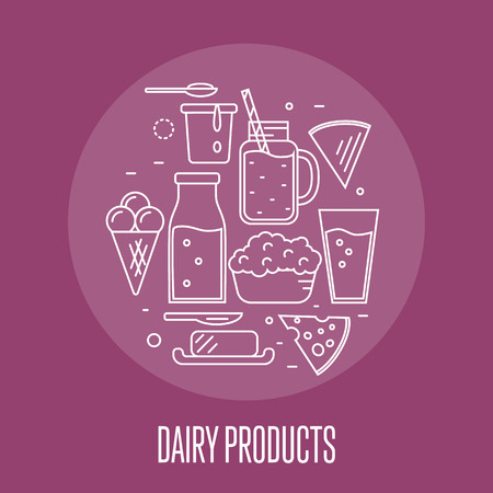 Milk products banner with round dairy assortment composition isolated on perpl background, vector illustration. Healthy nutritious concept with butter, ice cream, milk, yoghurt, cheese, kefirのイラスト素材