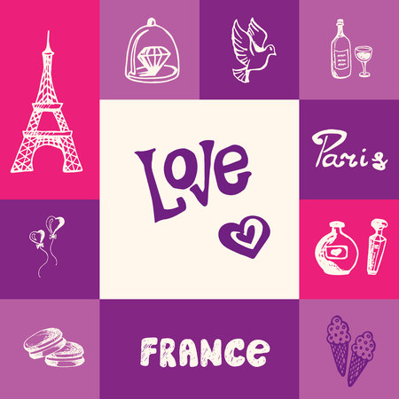 Paris checkered concept in romantic colors. Eiffel tower, heart balloons, ice cream, diamond ring, bottle of wine, flying dove, perfumes hand drawn vector icons. France related doodle symbols and textのイラスト素材