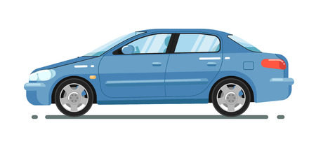 Blue comfortable sedan isolated on white background vector illustration. Modern automobile. Side view of family citycar. People transportation in flat style. Design element for your projectsのイラスト素材