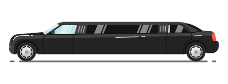 Black luxurious limousine vector illustration isolated on white background. Premium people transportation concept. Limousine service. Side view of long black limo. Vip vehicle. Design elementのイラスト素材