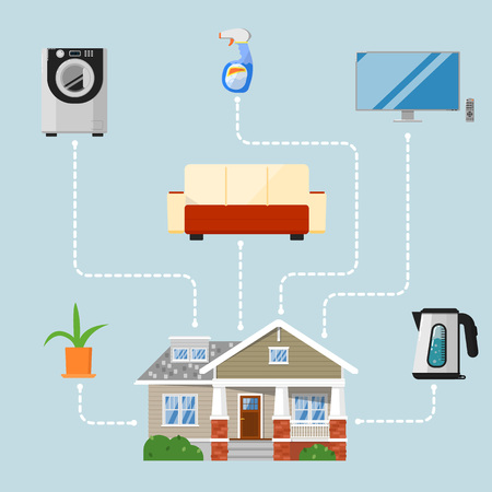 Home improvement concept with household appliances, new furniture and design elements. Home renovation vector illustration. Buying new vacation home. House remodeling. Creating comfort and cozinessのイラスト素材