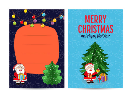 Winter holidays greeting card. Cheerful smiling Santa Claus with wrapped gifts near christmas tree, garland with toys cartoon vectors. Merry Christmas and Happy New Year concept. Xmas celebratingのイラスト素材