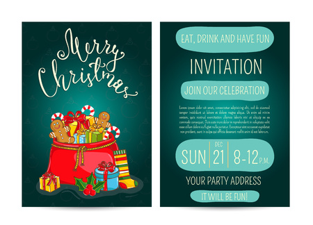 Invitation on Christmas party with date and time. Large Santasack with gifts, sweets, sock, holly, toys cartoon vectors. Merry Christmas and happy New Year greetings. Xmas holiday fun celebratingのイラスト素材
