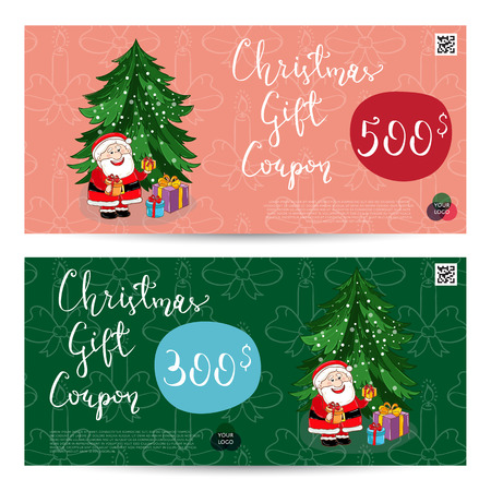 Christmas gift voucher template. Gift coupon with Xmas attributes and prepaid sum. Santa, gifts, christmas tree, gingerbread cookie cartoon vectors. Merry Christmas and Happy New Year greeting cardのイラスト素材
