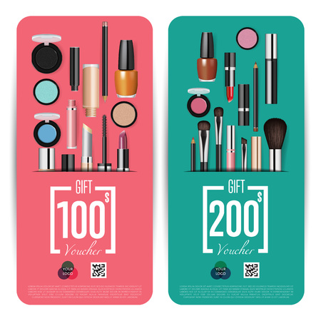 Cosmetics gift voucher template. Gift coupon with fashion makeup accessories and prepaid sum. Makeup brush, powder, lipstick, pencil, polish vectors. Special exclusive offer for cosmetics product saleのイラスト素材