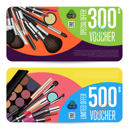 Cosmetics gift voucher template. Gift coupon with fashion makeup accessories and prepaid sum. Makeup brush, powder, lipstick, pencil, polish vectors. Special exclusive offer for cosmetics product saleのイラスト素材