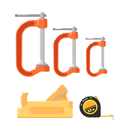 Building tools isolated on white background vector illustration. Planer, roulette and clamps in flat design. Hand tools for carpentry and home renovation. DIY collection. Construction equipment.のイラスト素材